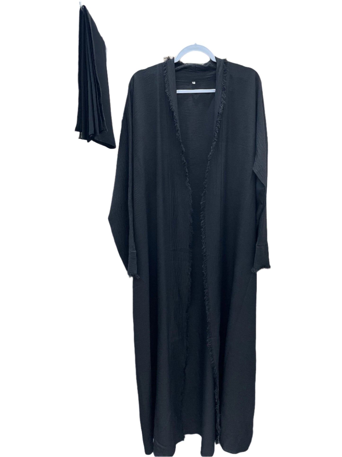 Black Open Abaya with Fringe Detail