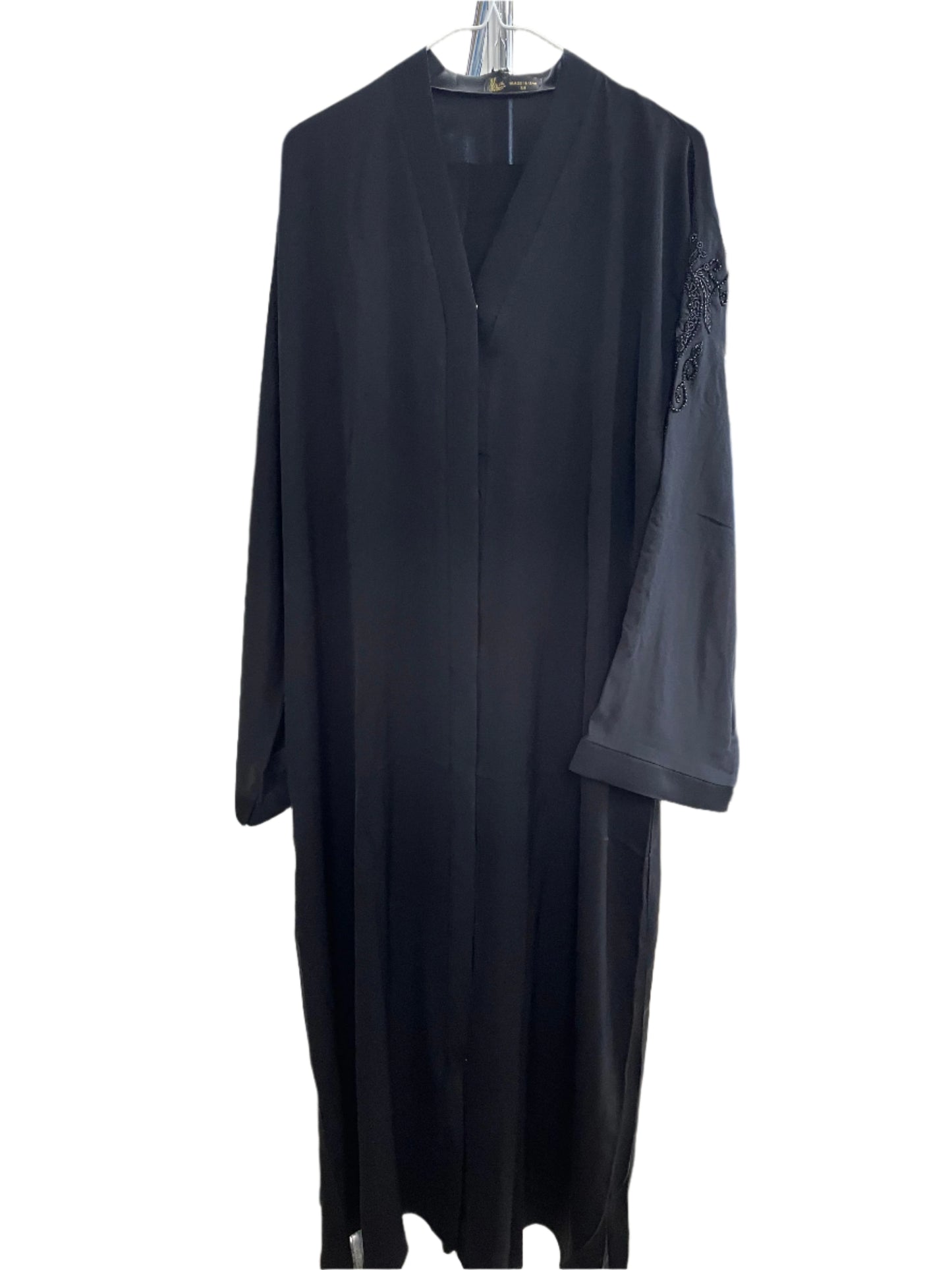 Black Button Up Abaya with Flower Bead Designs