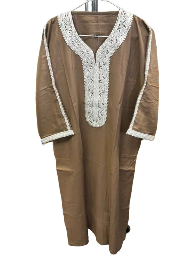 Light Brown Moroccan Thobe with White Design
