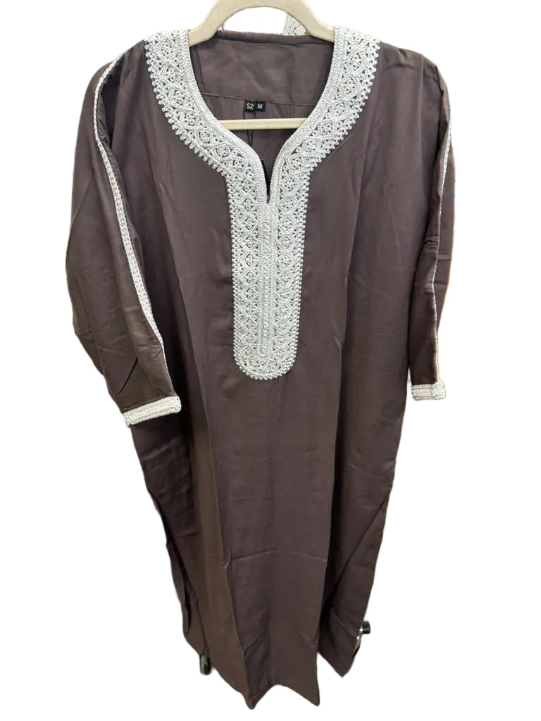 Brown Moroccan Thobe with White Design
