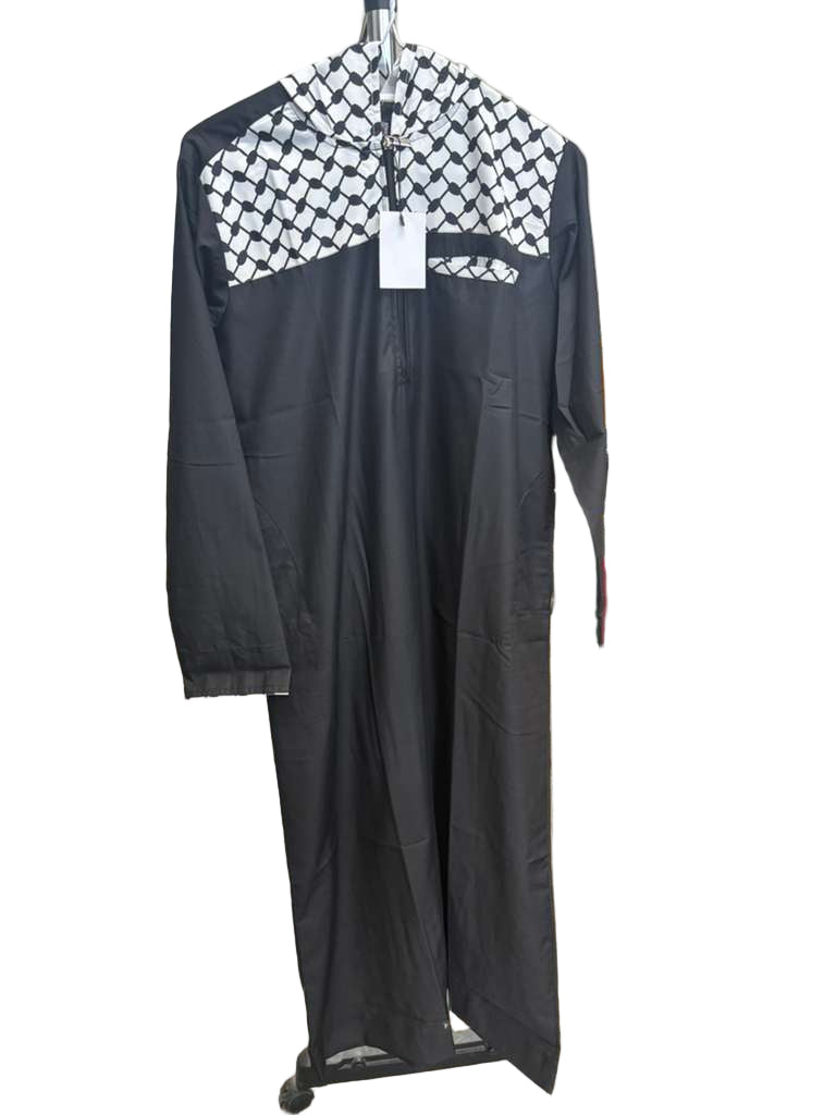 Kids Black Palestinian Thobe with Hoodie