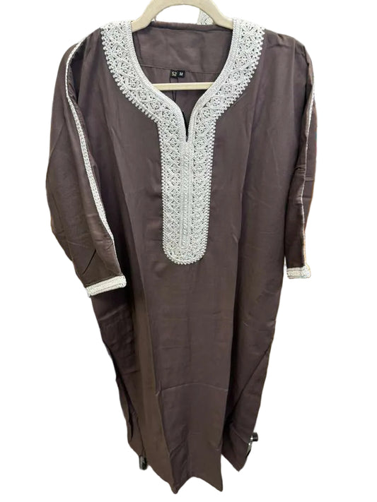Brown Moroccan Thobe with White Design